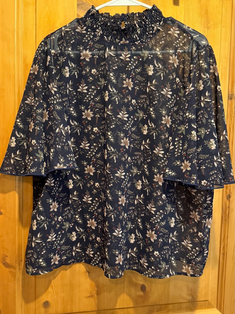 Navy Floral Sheer Smocked Neck Blouse - XL